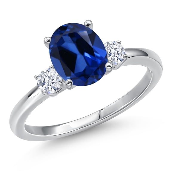 Gem Stone King 14K White Gold Blue Created Sapphire and White Zirconia Engagement Ring for Women | 2.52 Cttw | Oval 9X7MM | Gemstone September Birthstone | Size 6