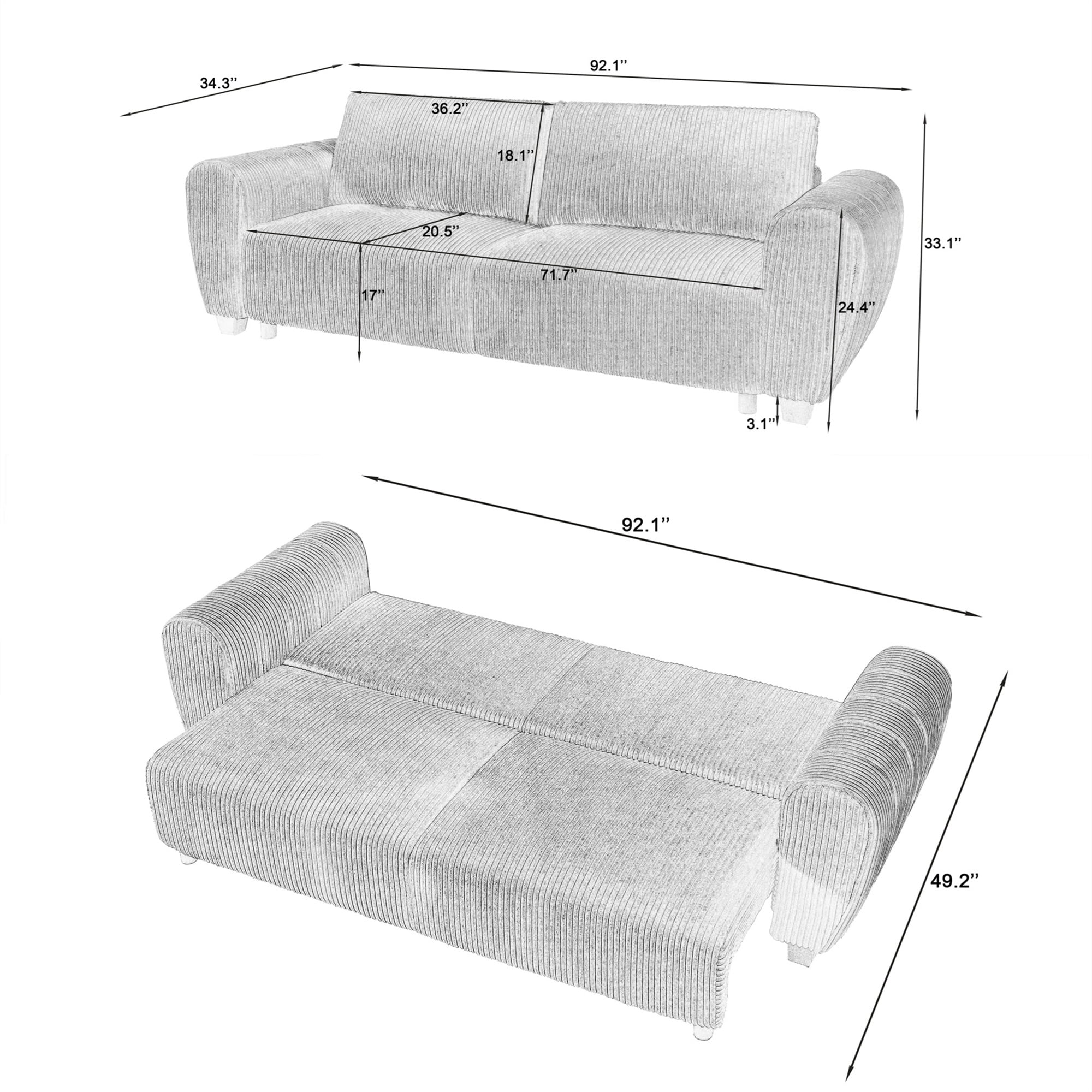 Aukfa 92" Oversized Storage Futon Convertible Sleeper Sofa, Corduroy, 2 Pillows, Light Brown