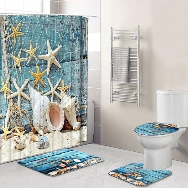 Seaside Sunny Beach Starfish Flip Flop Conch Shower Curtain Set Bathroom Decor 