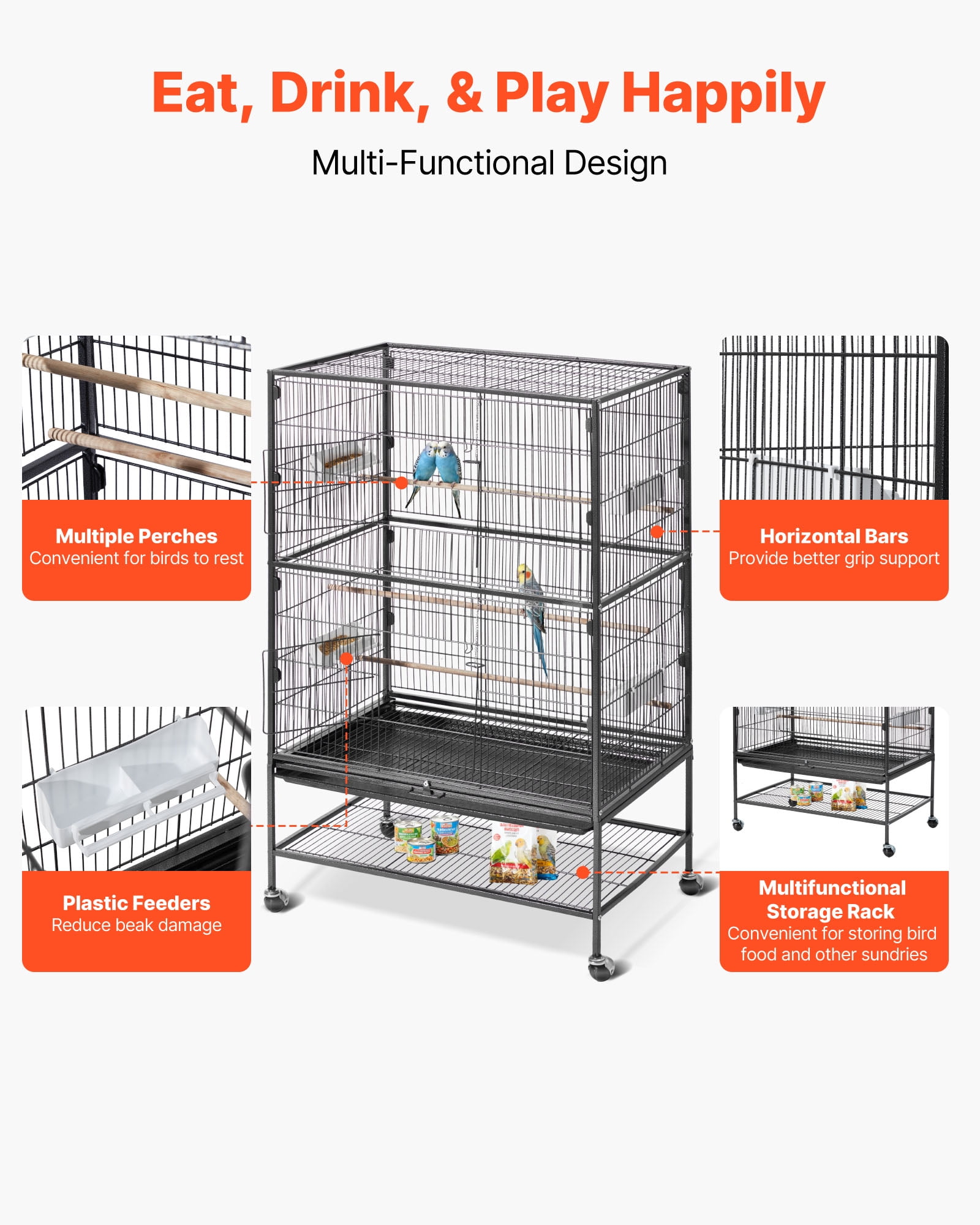 VEVOR Bird Cage, 31.5 x 20.5 x 52 inch, Flat Top, Wrought Iron Bird Flight Cage with Perches, Slide-Out Tray and Plastic Feeders, Casters, for Parrot, Blue Tit, Cockatiel, Canary, and Monk Parakeet