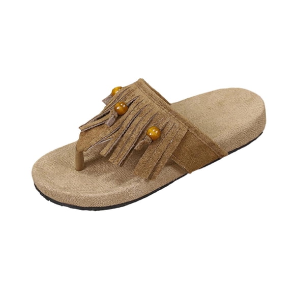 Brown Ladies Flat Sandals With Tassel Detail Herringbone Design For Summer Casual And Comfortable Wear