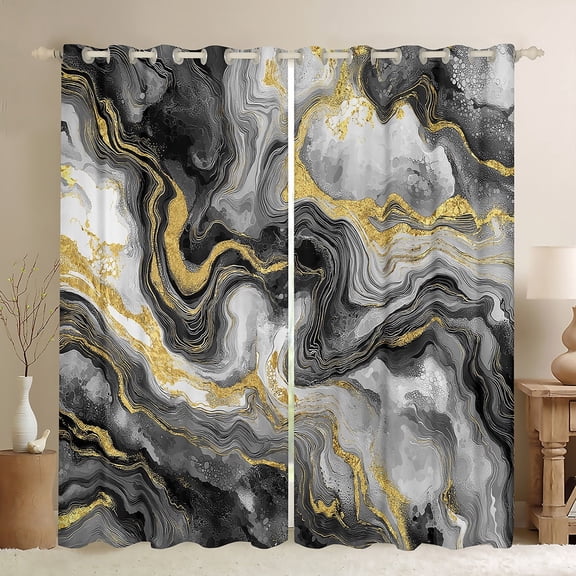 Castle Fairy Abstract Marble Black Out Curtains for Boys Girls Children,Gradient Marbling Watercolor Curtains Pack Of 2 (42X63 Each),Gold Metallic Bedroom Curtains,Luxury Bedroom Decor