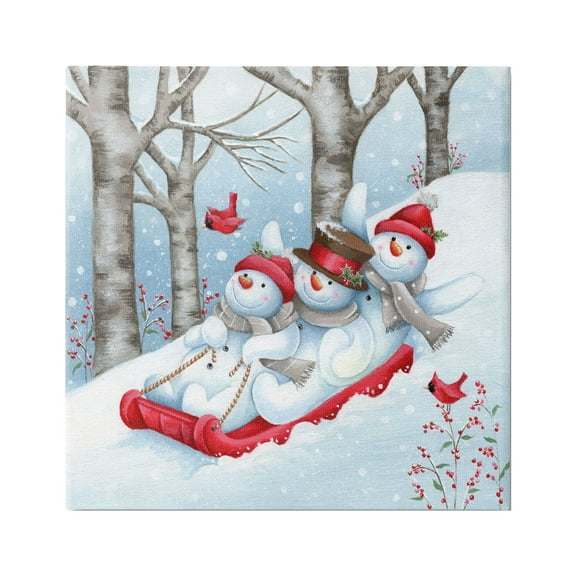 Stupell Industries Happy Snowman Trio Sledding Holiday Painting Gallery Wrapped Canvas Art Print Wall Art, 17 x 17