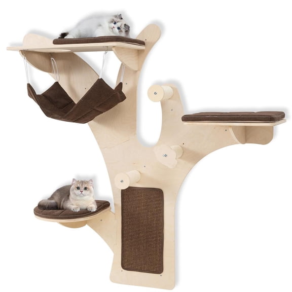 Pefilos Wall-Mounted Cat Tower, Cat Wall Shelves & Perch, Hammock & Sisal Scratching Posts, Brown
