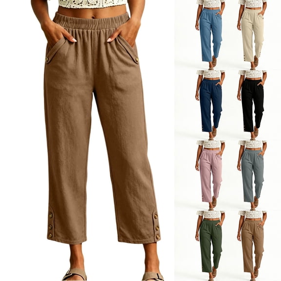 Capri Pants for Women Straight Leg Elastic Waist Comfy Cotton Blend Lounge with Pockets Khaki Loose Cropped Size L