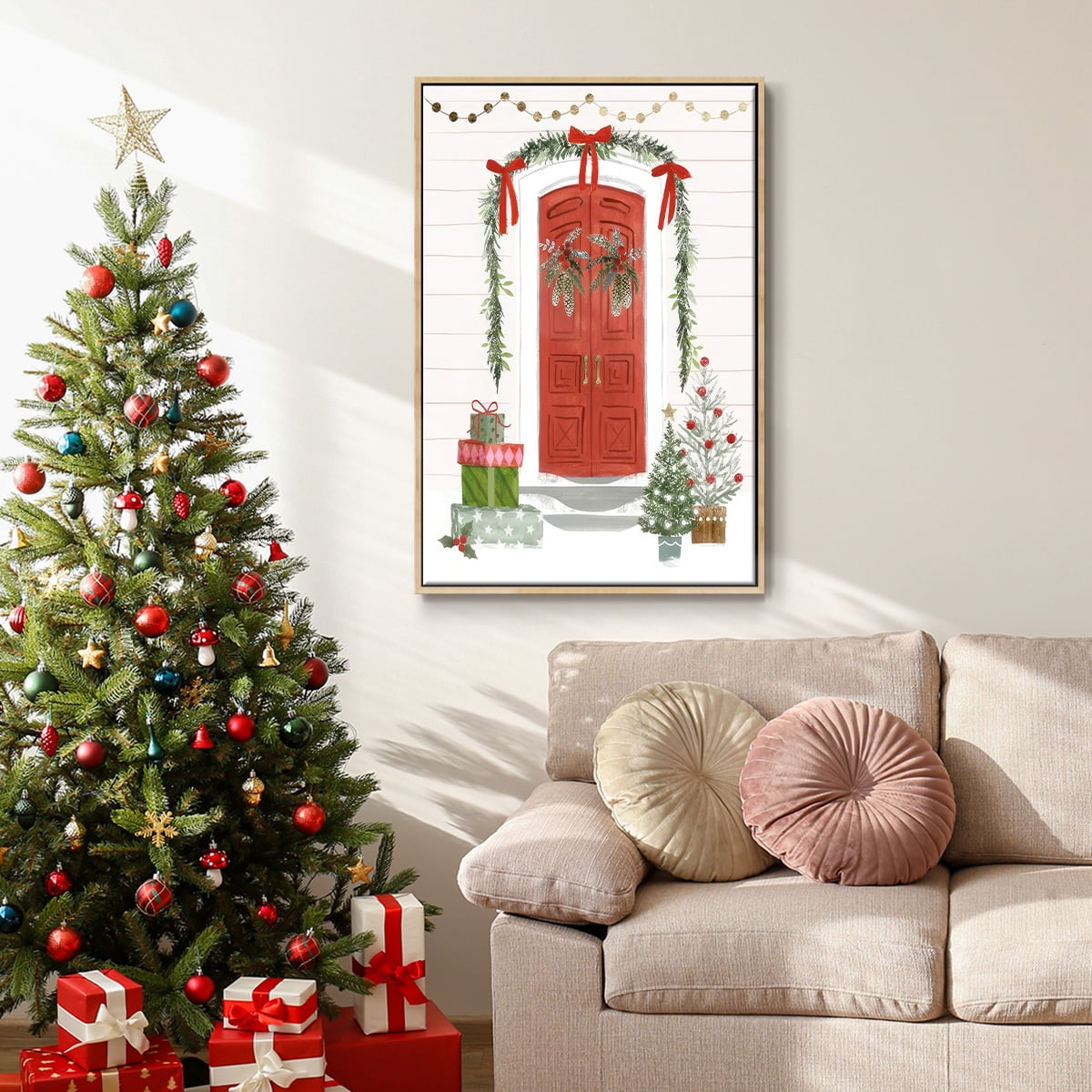 Festive Front Door II - Framed Gallery Wrapped Holiday Canvas - 25 x 37 - Natural Wood Frame