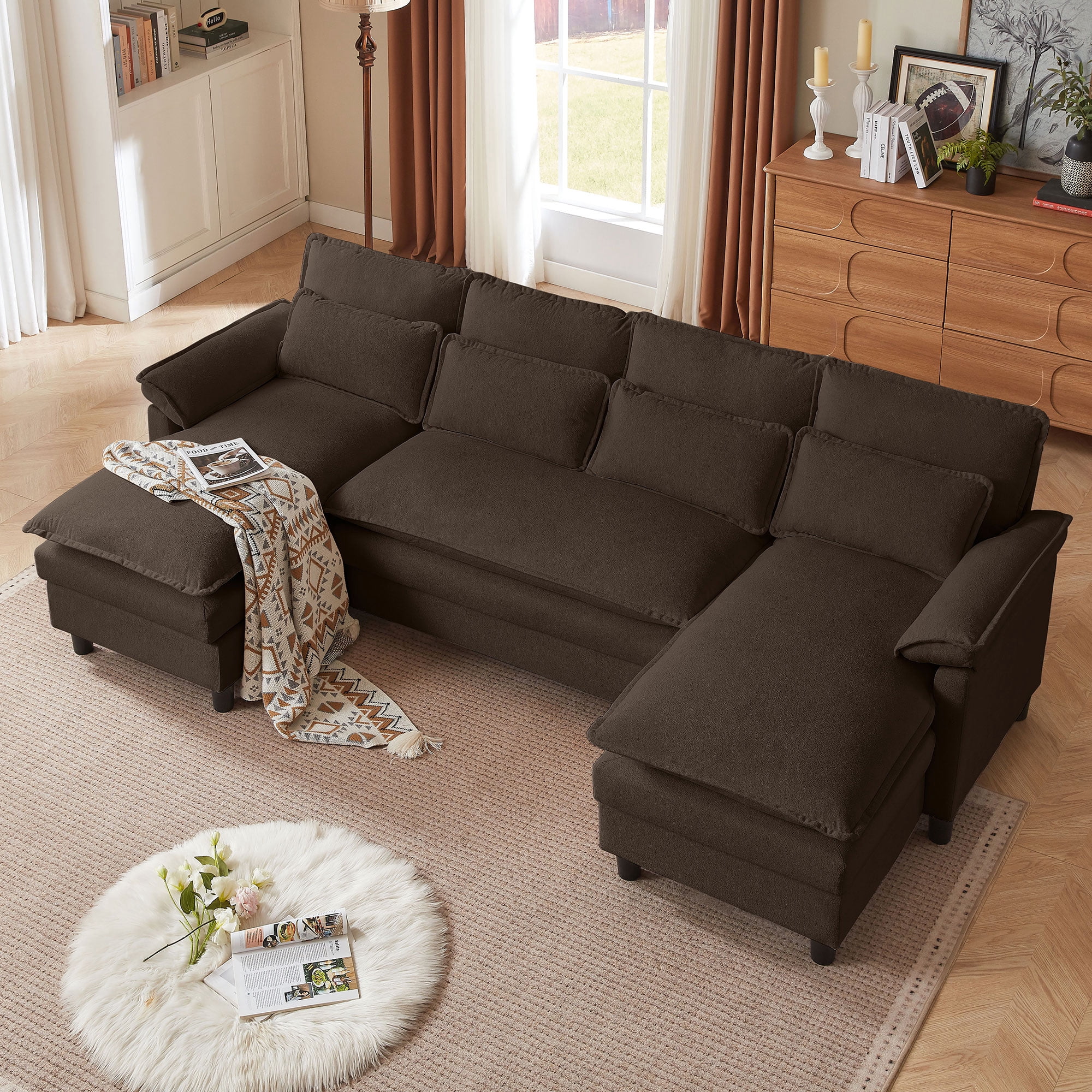 Soscana U Shaped Cloud Couch Sectional Sofa 4 Seat with Double Chaise, Modern Linen Sofa with Waist Pillows for Living Room Apartment Office Studio,Brown