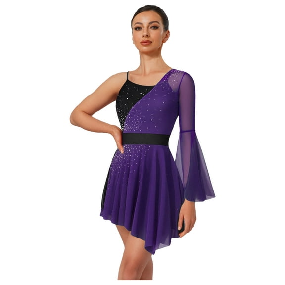 Zaldita Women's Ice Figure Skating Dress One Flare Sleeve Rhinestone Mesh Lyrical Dancewear Purple XL