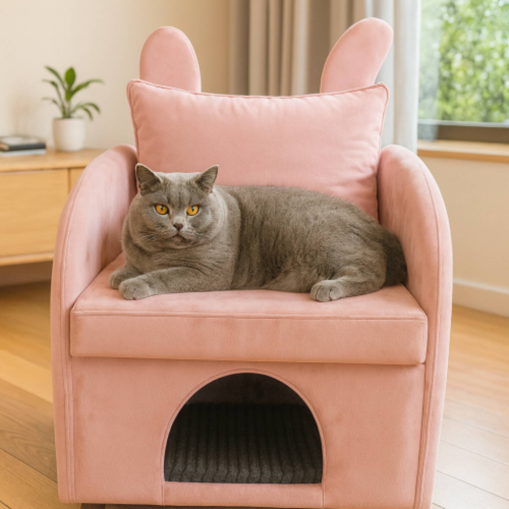 2-in-1 Armchair with Cat Dog Pet Hideaway, Pet-Friendly Accent Chair with Scratch-Resistant Fabric, Dual-Use Sofa Chair with Pocket for Living Room, Pink