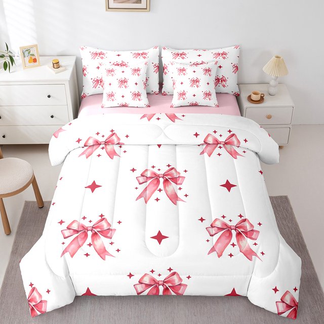 Erosebridal Ensemble de Literie à Nœud pour Lit Simple pour Enfants, Ensembles de Literie Mignons à Nœud pour Lit Simple, Décor Étoiles Scintillantes, Réversible 7 Pcs