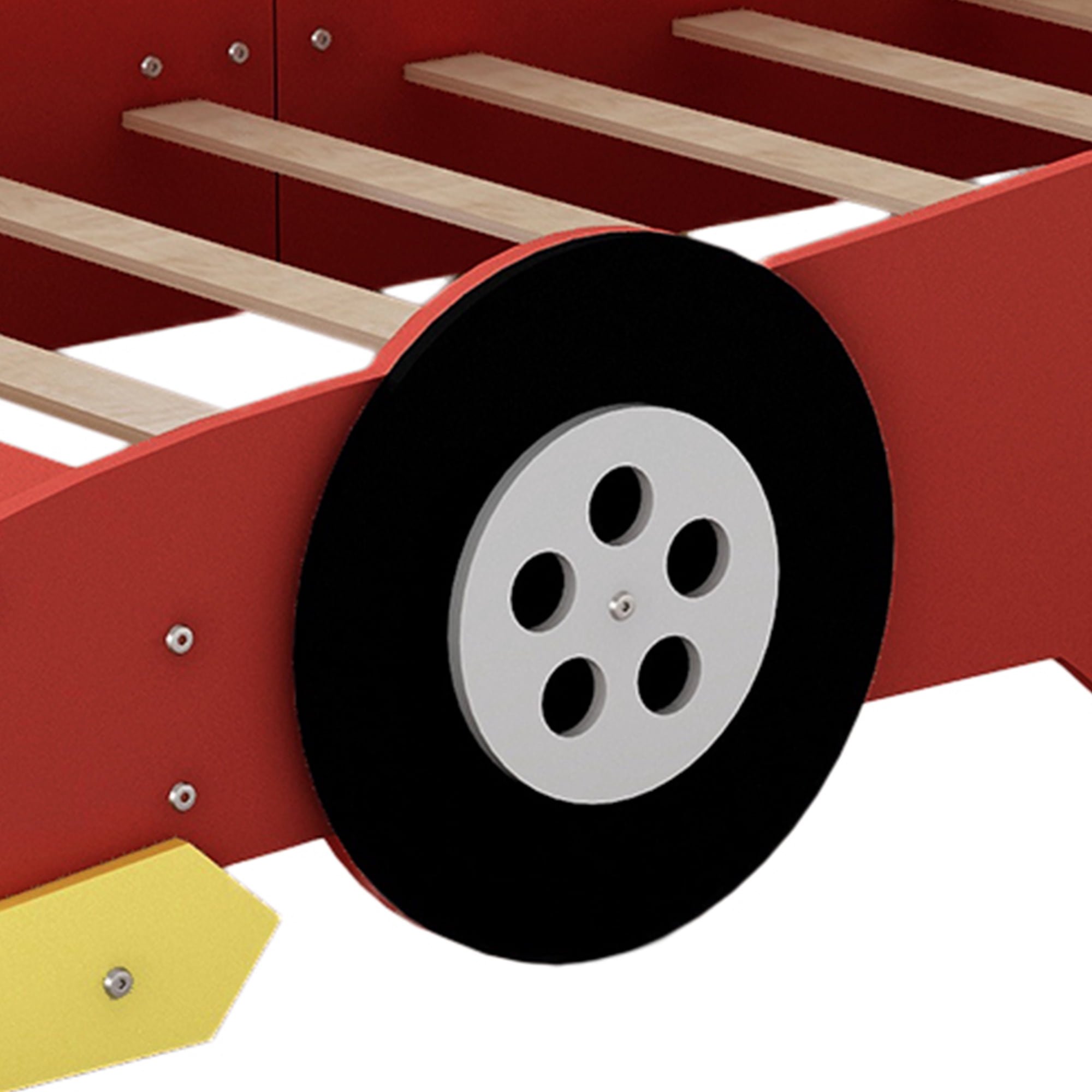 Kumix Twin Size Race Car-Shaped Platform Bed with Shelves and Wheels, Wooden Platform Bed for Boys and Girls, Car-Shaped Floor Bed Frame for Bedroom, Twin Size Adults Floor Bed, Red