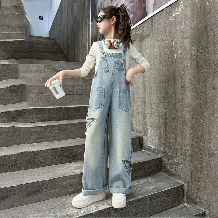LRen Girls Jeans,Girls Denim Overalls Casual Wide Leg Jumpsuit