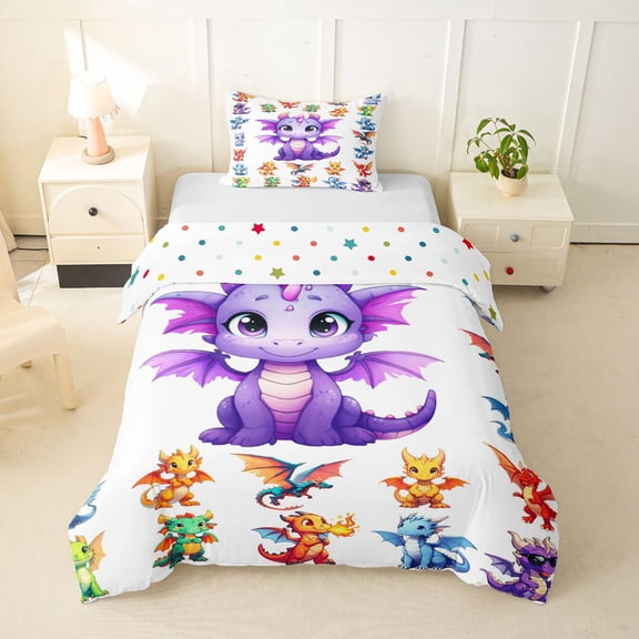 Feelyou Cute Kawaii Flying Dragon Twin Bedding for Kids Boys Girls, Cartoon Wildlife Duvet Cover Set, White Purple, Polkadot Reversible, 1 Duvet Cover and 1 Pillowcase (No Comforter)