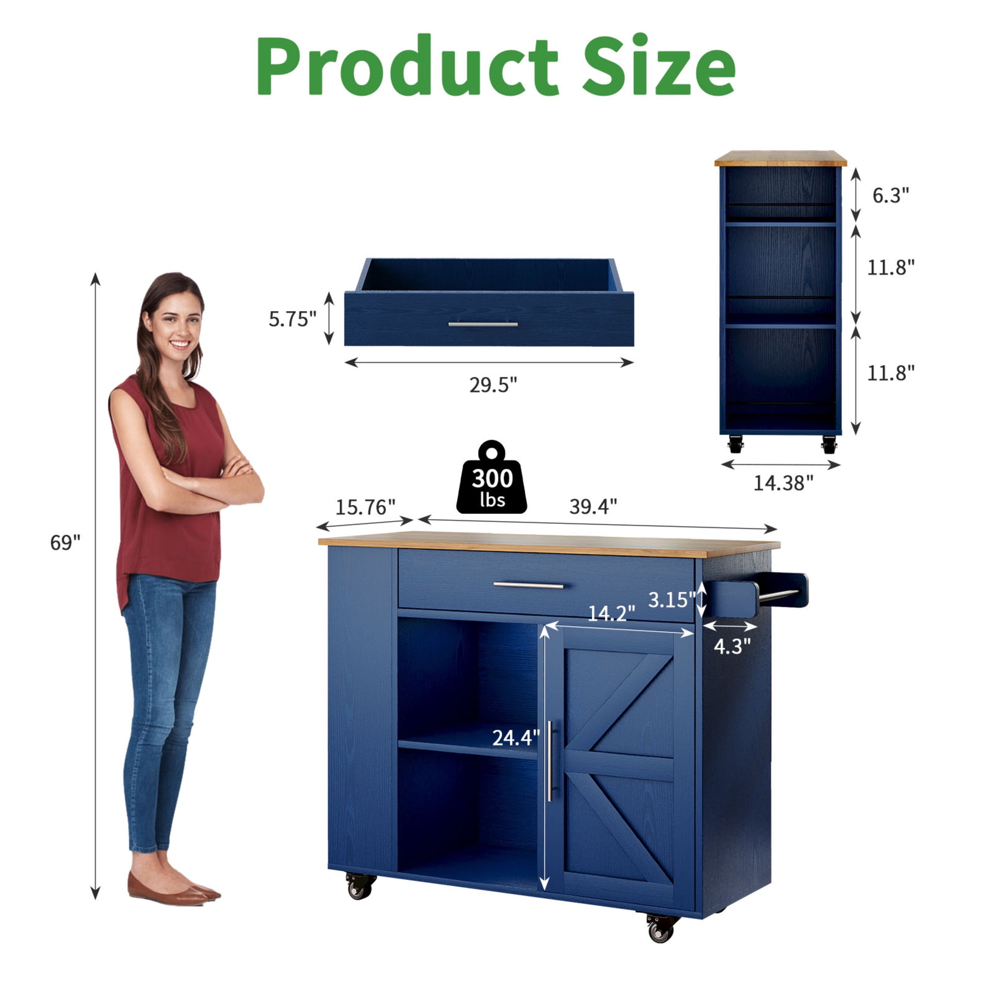 Kitchen Island on Wheels with Storage, Rolling Cart with Spice Rack, Towel Rack, Open Shelves & Drawer, Portable for Kitchen/Dining, Blue