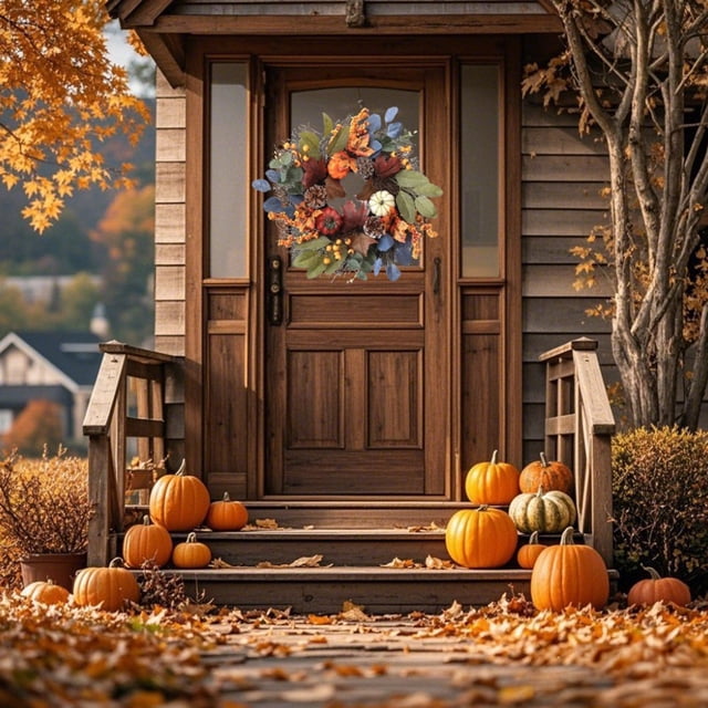 Adornos colgantes de plástico para Navidad, festivales, guirnalda de hojas de arce de 55 cm, para puerta de casa, simulación de calabaza, color baya, decoración de Halloween, decoración de otoño, ador