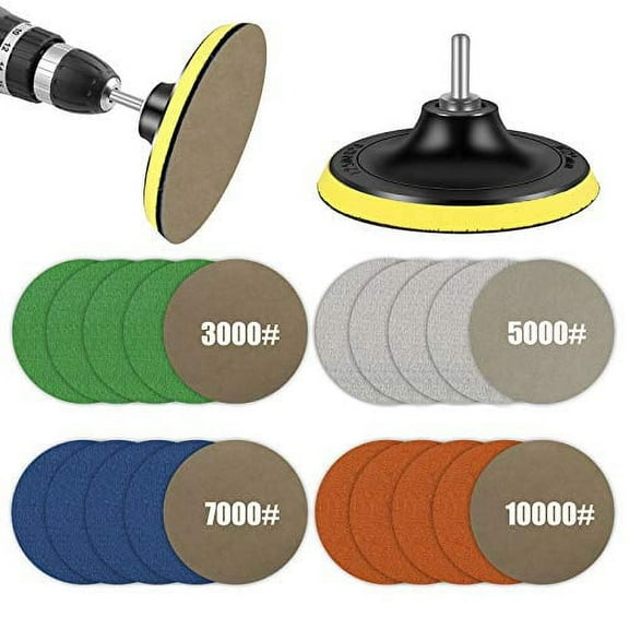 Water Grit Sandpaper 3000/5000/7000/10000 and 5-inch Backing Pad Set, Wet Dry Electric Hook &Loop Sanding Disc with Pad, Grinding Abrasive Paper and Orbital Sander Polisher