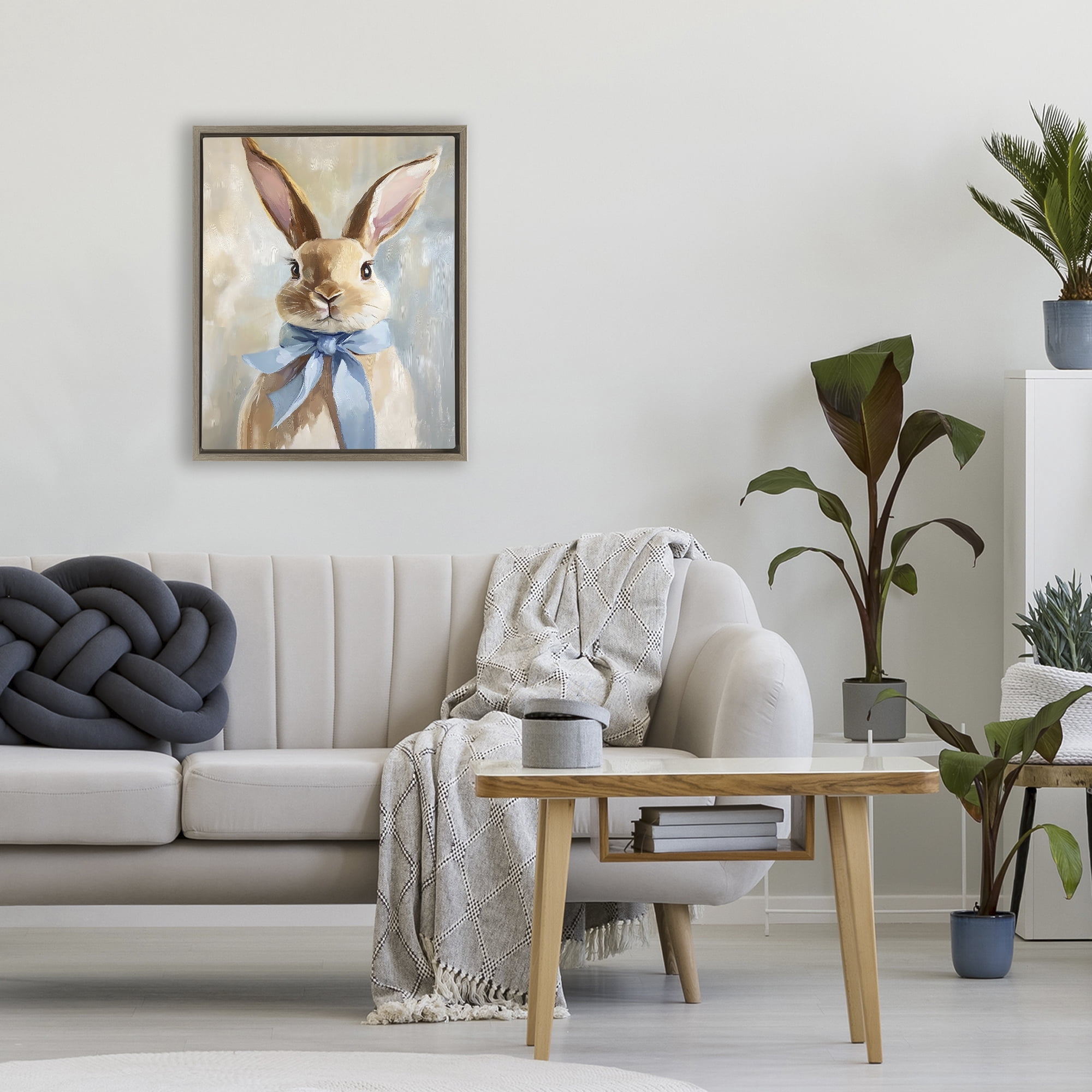 Stupell Industries Bunny with Blue Bow Brown Framed Floater Canvas Wall Art, design by The Prints Vibe