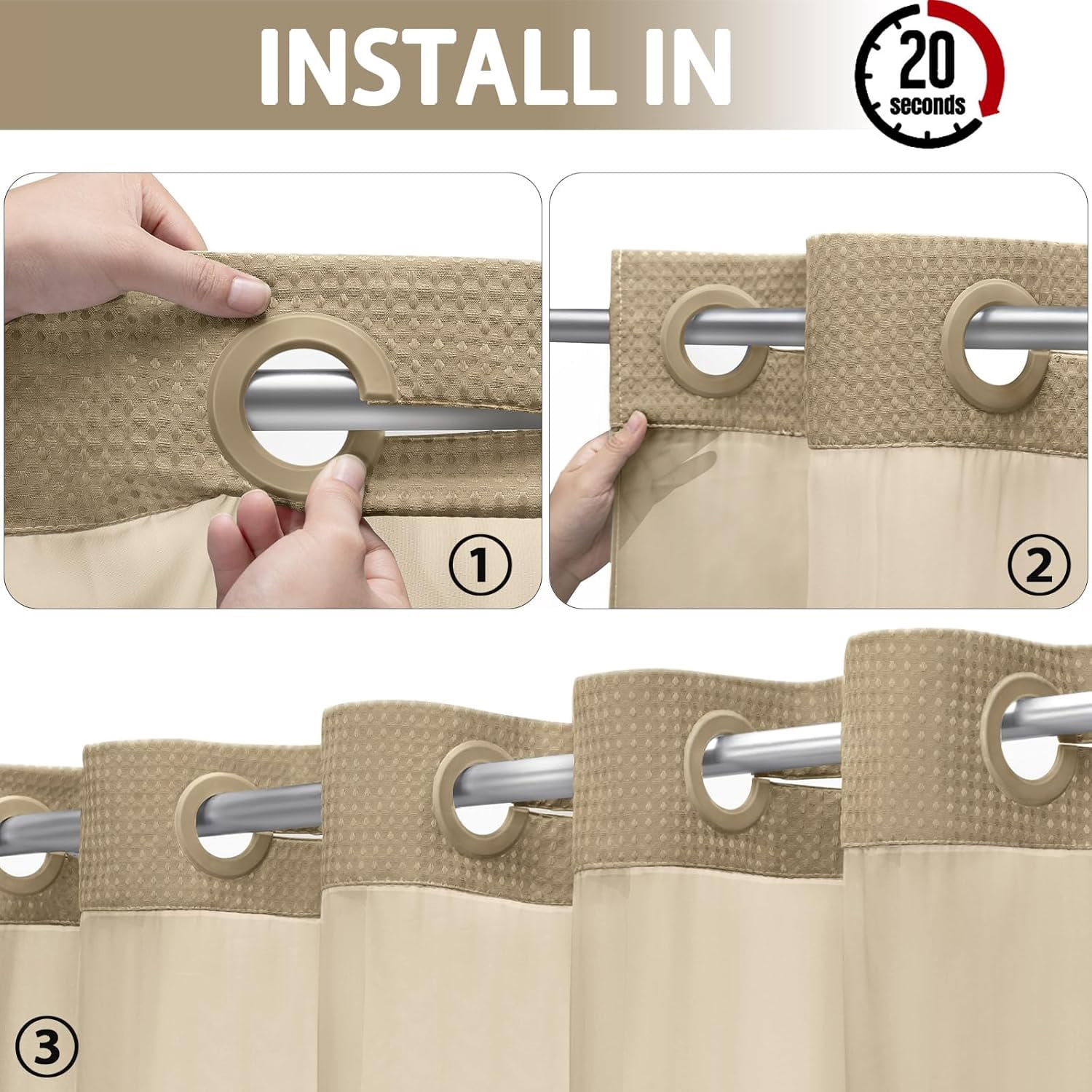 DawnJoanHD Waffle Weave No Hook Shower Curtain with Snap-in Liner, Beige Polyester Fabric with See-Through Top Window, 72" x 75"
