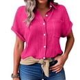 thumbnail image 3 of Inglocry Cotton Linen Gauze Shirts for Women Loose Fit Button Down Blouses Casual Summer Textured Collared Crinkle Seersucker Tops Hot Pink S, 3 of 6