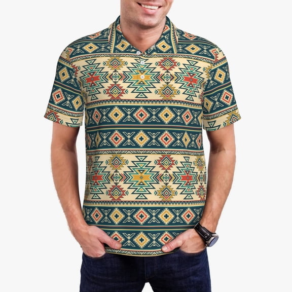 Kdxio Traditional Tribal Aztec1 Print Men's Short Sleeve Polo Shirt,Midweight Men's Shirt