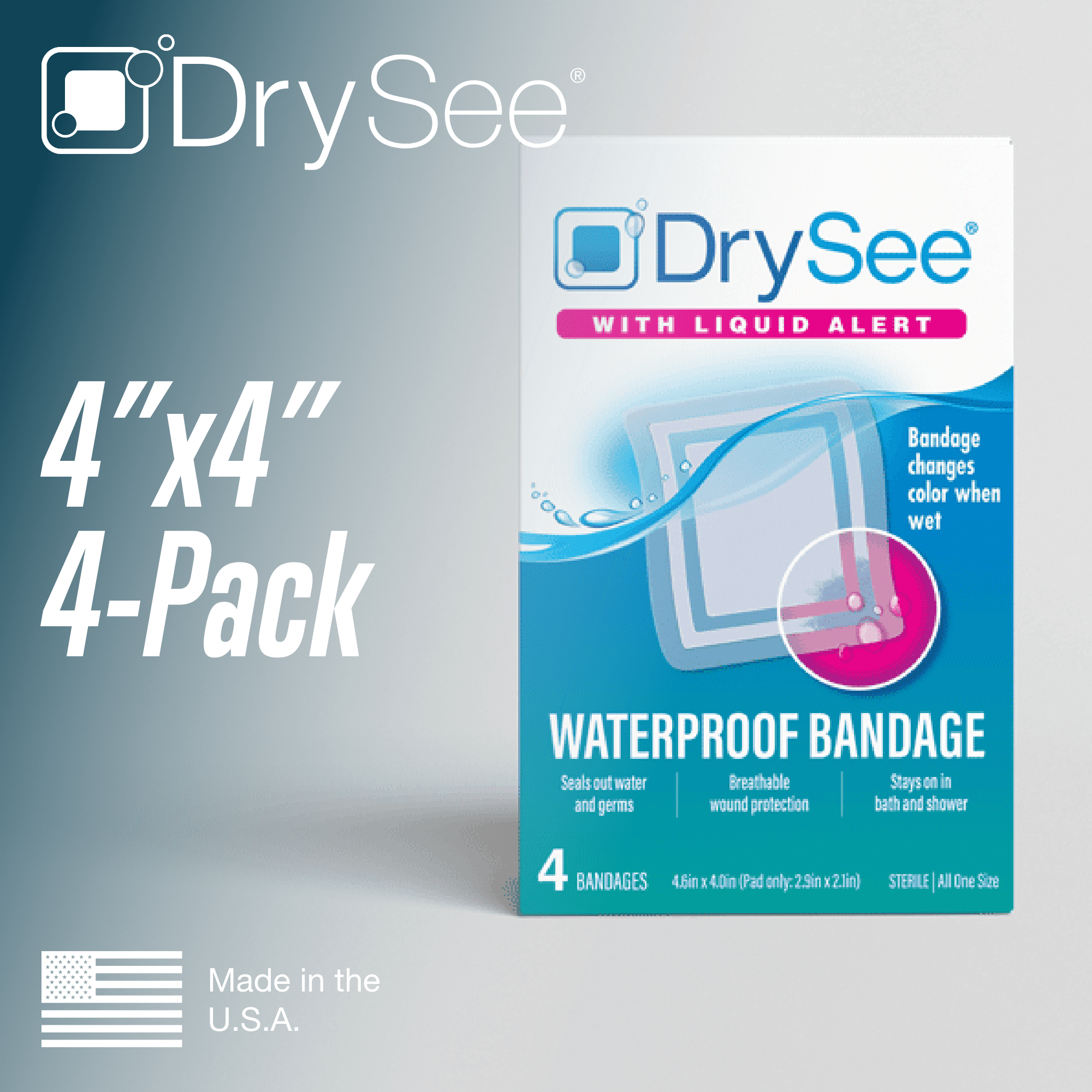 DrySee Waterproof Bandages - Large Bandages for Wound Care, Tattoos, Post Surgical - Changes Color When Wet (4x4) - 4 Count