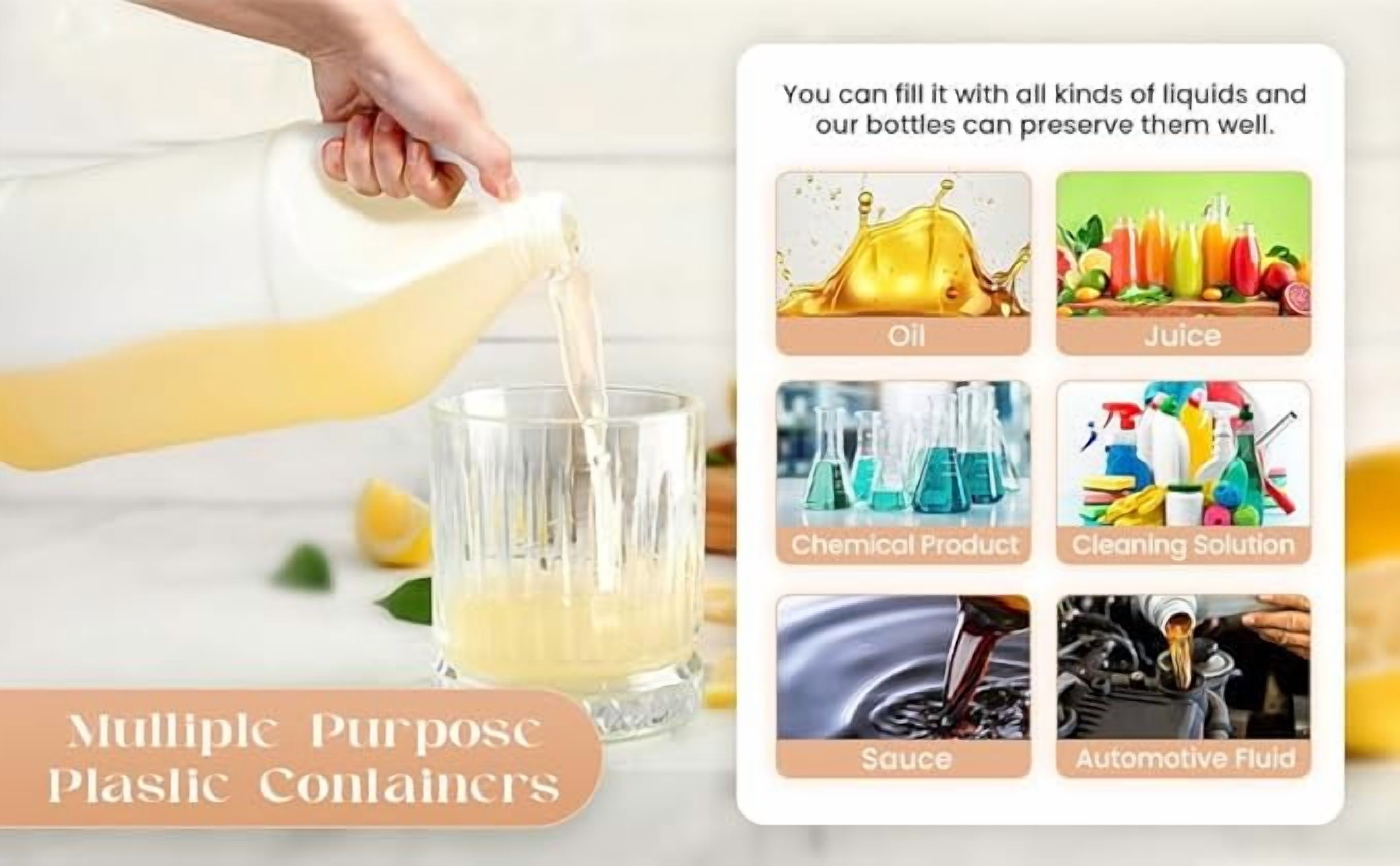 (8 Packs) 1 Gallon Plastic Jug with Lids BPA Free Reusable Round Clear Plastic Jug with White Cap Heavy Duty HDPE Containers with Pump Dispenser for Sauces Soaps Detergents Liquids Storage