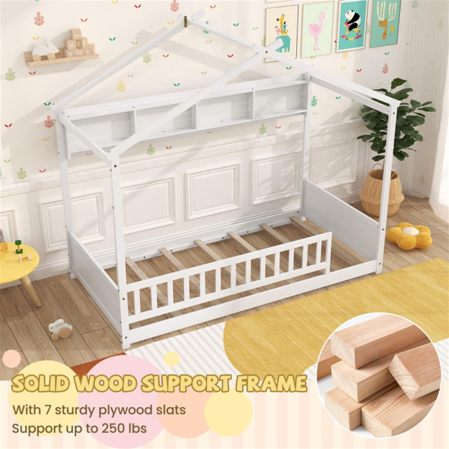 Demi Bonn Twin Size House Bed Frame with Storage Shelf and Headboard, Wooden Floor Bed Frame with Fence and Roof for Bedroom, White