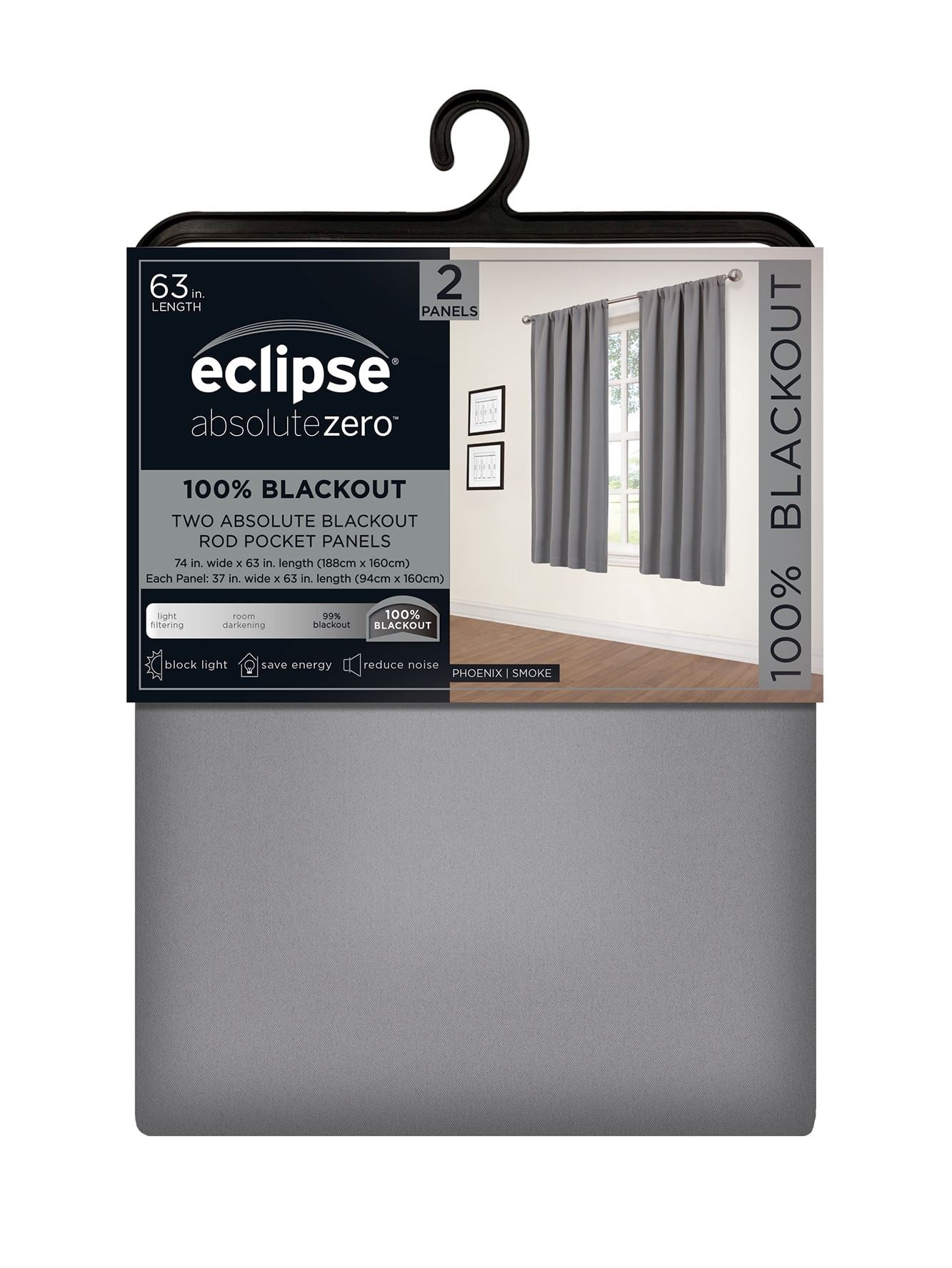 (3 pack) Eclipse Phoenix Solid Blackout Curtains, 63 Inch Long, Set of 2, Smoke, 37" W x 63" L