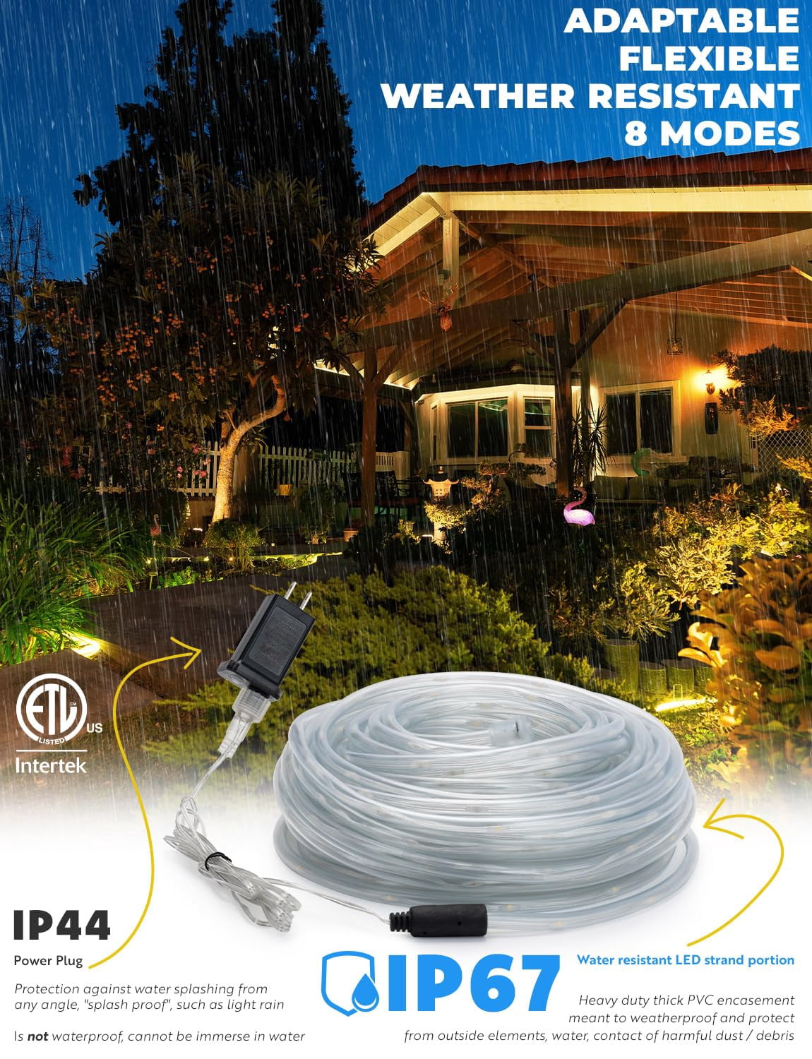 WYZworks 100ft Warm White LED Outside Rope Light - 8 Modes, Waterproof Permanent Outdoor Accent Lighting w/Remote, Flexible Clear Tube,  Exterior Christmas Patio Palm Tree Yard Ambient