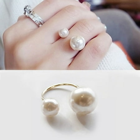Fashion Women Girls Two Imitation Pearl Opening Ring Wedding Adjustable Finger Ring Jewelry Gifts