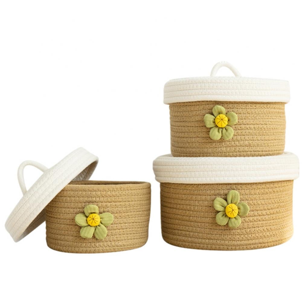 Jute Baskets 3pcs Round Decorative Woven Storage Basket Set with Lids