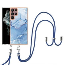 SaniMore for Samsung Galaxy S22 Ultra Case, Marble Pattern 3 in 1 Heavy Duty Shockproof Full Body Hard PC IMD Bumper Crossbody Lanyard Women Girls Shockproof Cover for Samsung Galaxy S22 Ultra, Blue