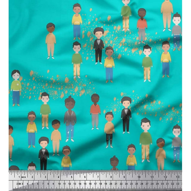 Soimoi Green polyester Crepe Fabric Human Group Print Fabric by the Yard 42 Inch Wide