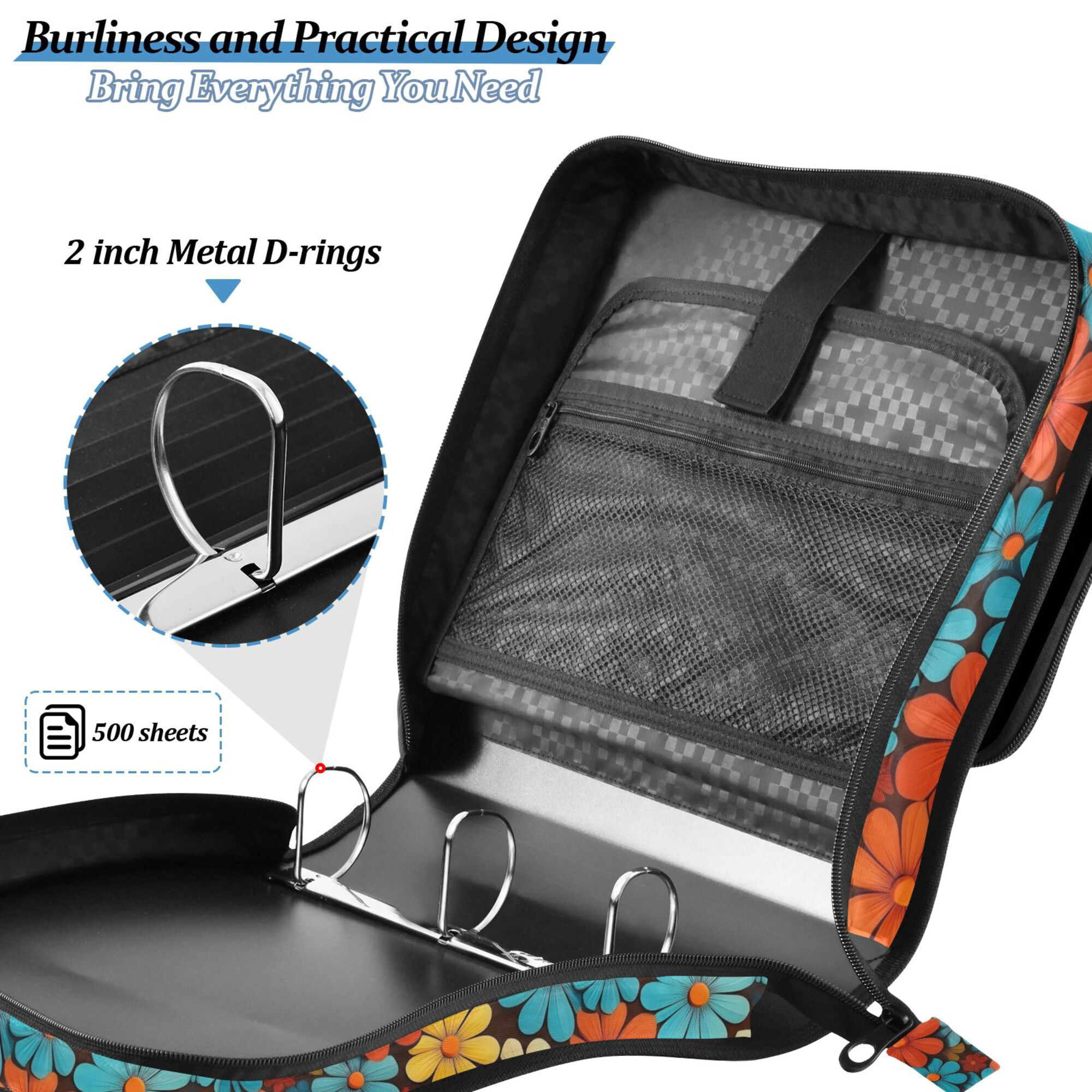 FORMRS Zipper Binder with Shoulder Strap 2-inch Ring 500 Sheet Capacity File Bag, Blooming Flowers