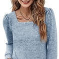 thumbnail image 3 of Mujeres cuadrado Masajeadores de cuello camiseta moda casual color puro plisado manga larga Tops para las compras del trabajo, 3 of 5