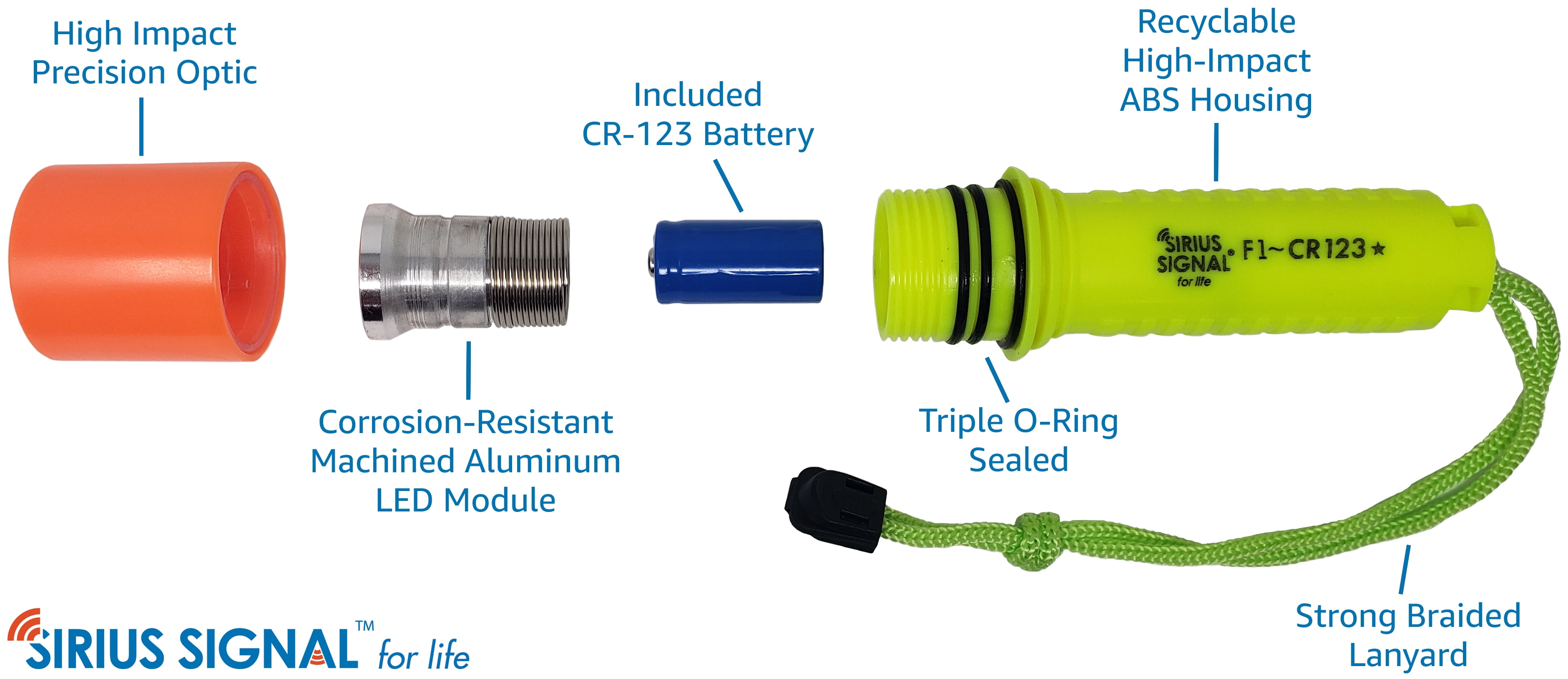Sirius Signal F1-CR123 80 Lumen Floating IP68 Waterproof LED Flashlight with Lanyard