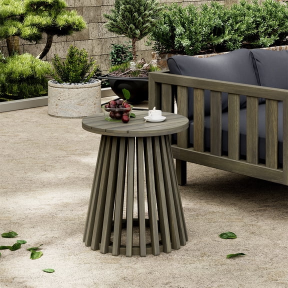 Patio Side Table, Outdoor Acacia Wood Round Coffee Table for Backyard Lawn Balcony, Grey