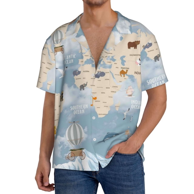 Balery Animals Travel World Map Camisa Casual de Manga Corta con Botones para Hombre, Texturizada, Estilo Cubano, para Playa, Verano-Large