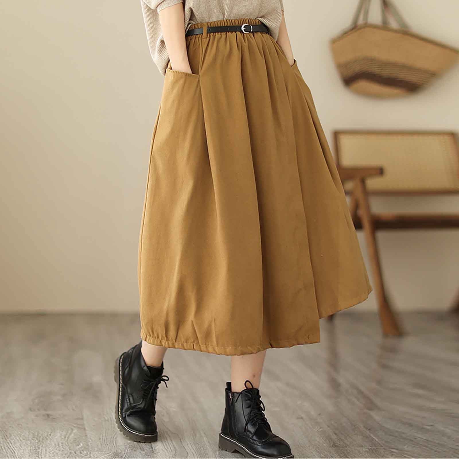 Cavosen A Line Skirts for Women Midi Calf Length Skirts Flowy Buckle Swing Skirts Solid Color Pencil Skirts Waistband Belt Swing Dress Athletic Beachwear Resortwear Yellow