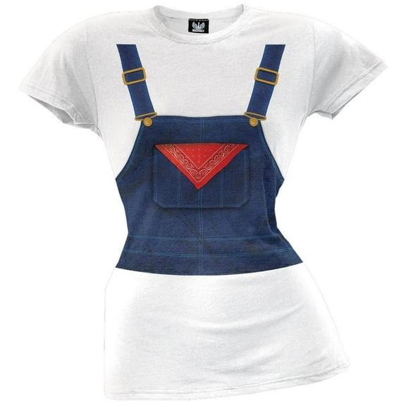 Halloween Women's Juniors Farmer Overalls Costume Short Sleeve Graphic Tee