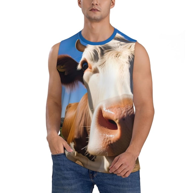 Fotbe Blue Sky Meadow Cute Cow Men's Camiseta sin Mangas Estampada para Hombres, Playera Casual para Gimnasio, Entrenamiento, Playa-Small