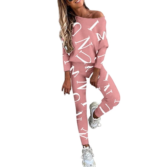 Suit and Sleeve Pullover Joggers Women's Piece 2 Long Tops Drawstring Printed Women Suits & Sets
