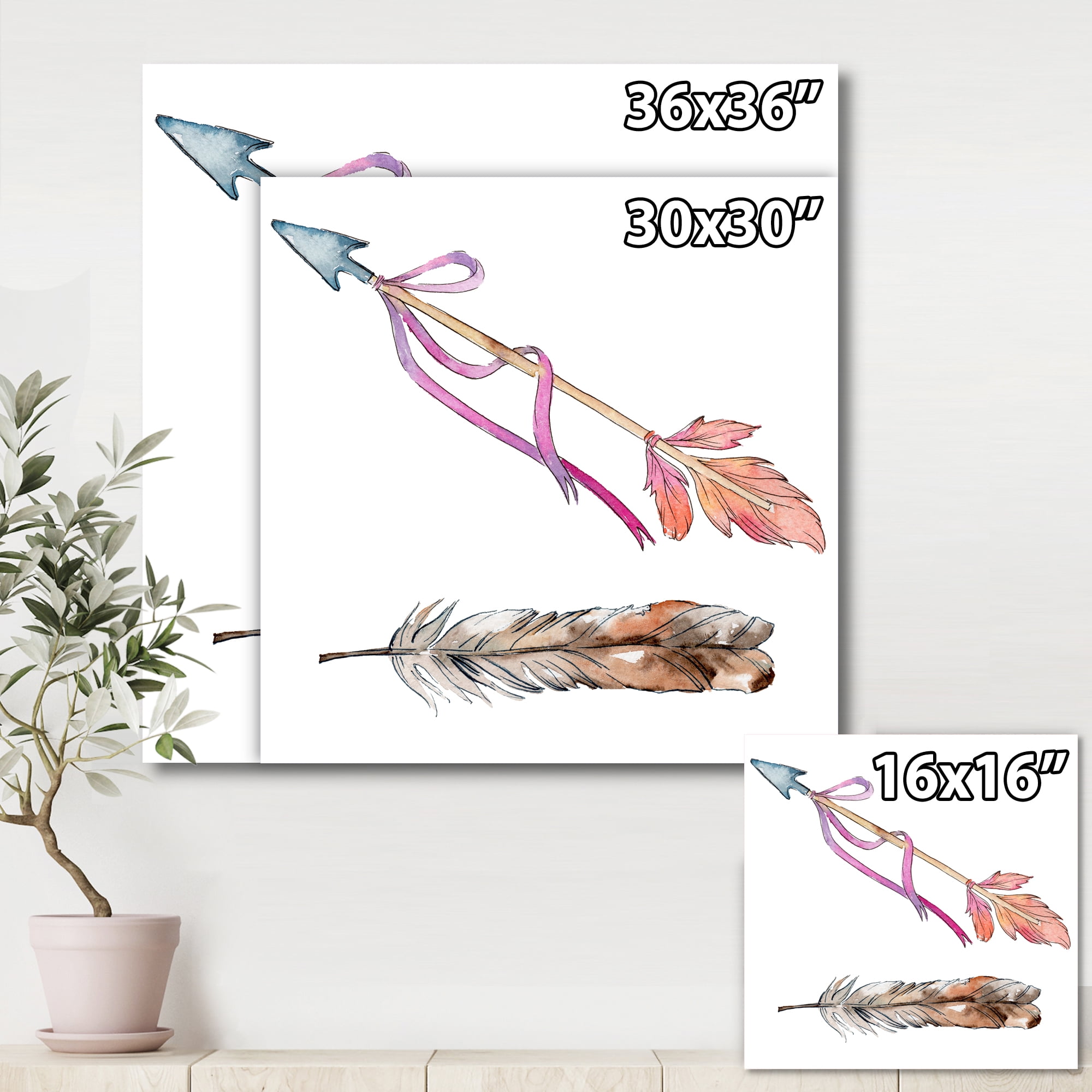 Pink Bird Feather From Wing on Arrow 30 in x 30 in Painting Canvas Art Print, by Designart