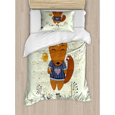 Zodiac Virgo Twin Size Duvet Cover Set, Funny Happy Cartoon Character on a Floral Background Kids Horoscope Design, Decorative 2 Piece Bedding Set with 1 Pillow Sham, Multicolor, by Ambesonne