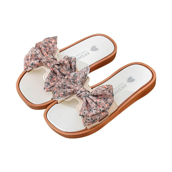 ZACPNCV Girls Soft Polka Dot Bow Pearl Slip-On Slides Sandals Summer Flatform Sandals Coffee 5.5-7.5 Years