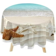 SKYSONIC Starfish Whute Sandy Beach Round Tablecloth 60inch Indoor Wrinkle Free, Summer Blue Sea Circular Lace Table Cover Washable for Kitchen Party BBQ Dining Decor