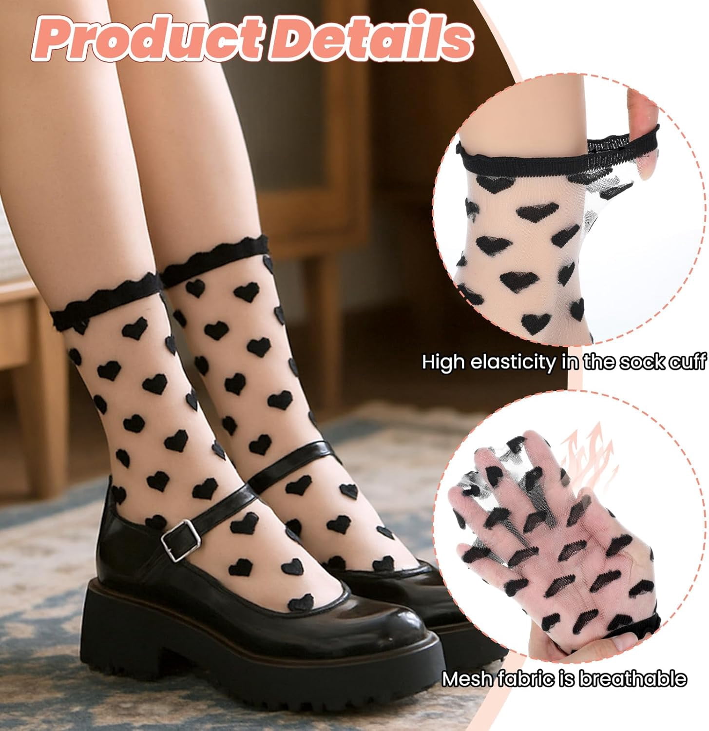 6 Pairs Women Sheer Lace Heart Ankle Socks Mesh Nylon Ruffle Socks with 6 Pairs Self-Adhesive Heel Grips Pads for Loose Shoes