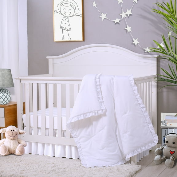 JISEN 3 Pieces Crib Bedding Set - White Standard Size Baby Bedding Set - Quilt, Sheet, Crib Skirt