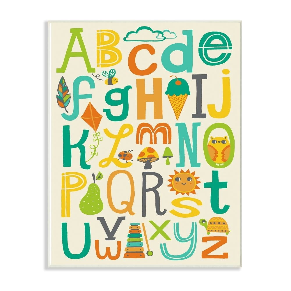 Stupell  Teal Orange and Green Alphabet Animals And Fun Food Wood Wall Art, 10x15, Proudly Made in USA - Multi-color 13 x 19