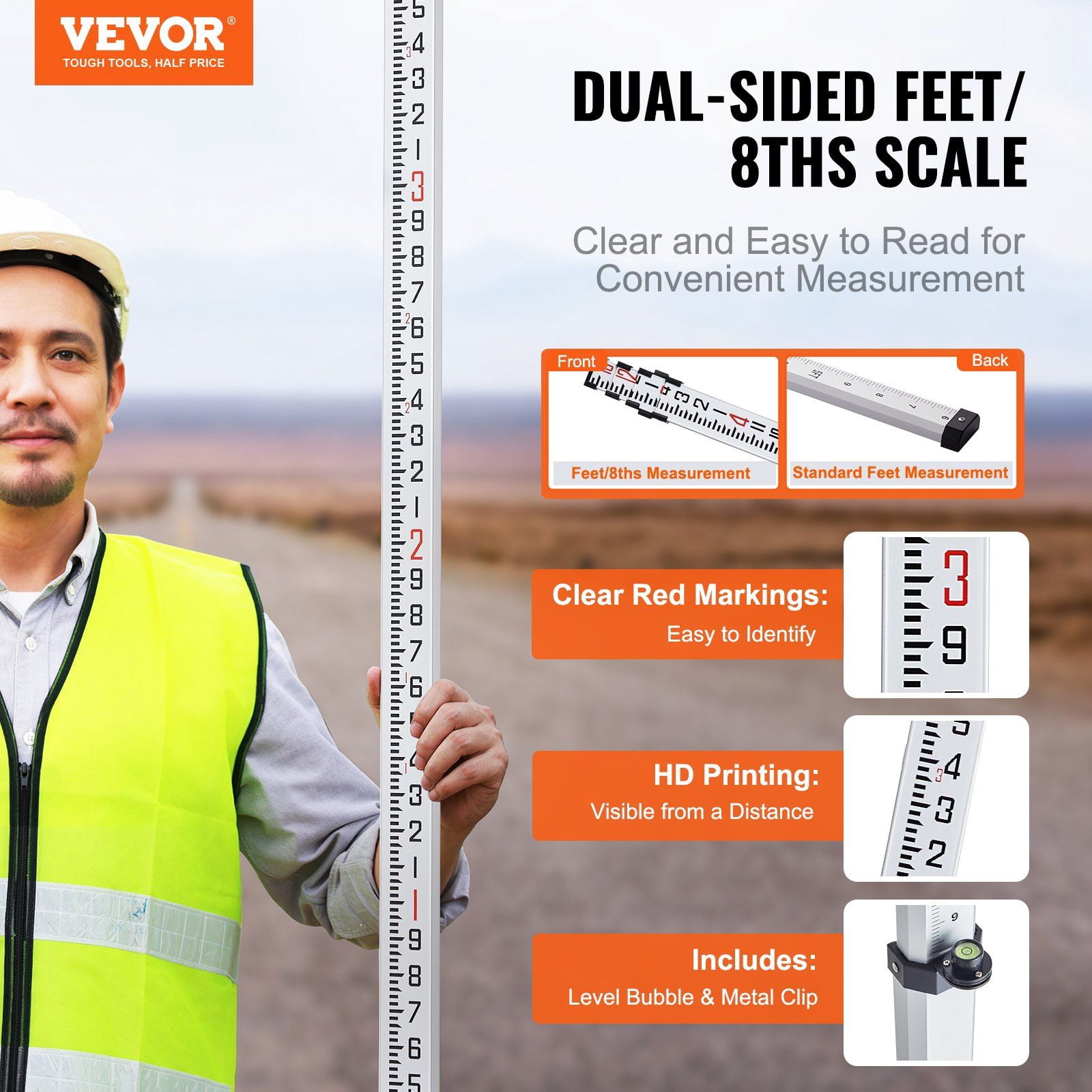 Aluminum Alloy Telescopic Measuring Rod 16 Feet 4 Sections Double Sided Scale 1 8 Inch Leveling Rod with Bubble Level and Carrying Bag for Surveying Houses Walls Floors